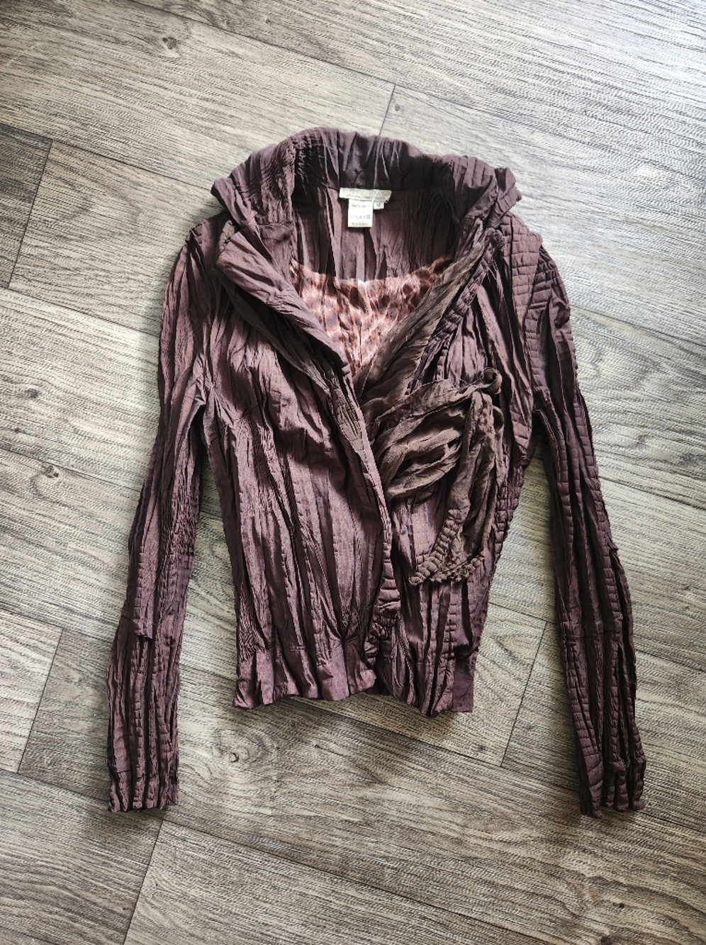 Alberto Makali Y2K Crinkle Textured Draped Brown Long Sleeved Top Size Medium